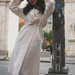 Cream/White Belted Coat Maje